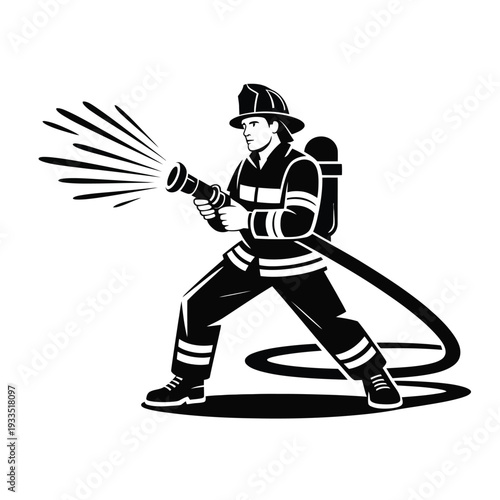 A firefighter sprays water from a hose to combat a blaze.