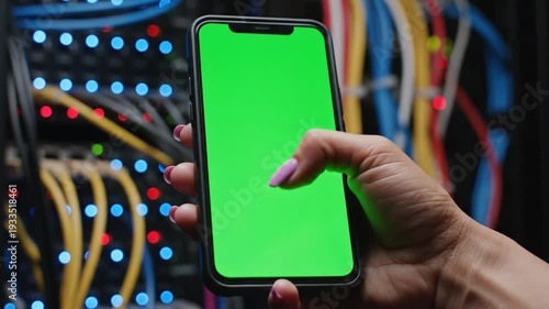 A person's hand holding a smartphone with a green screen in a server room with network cables.
