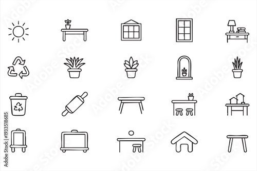 Interior Design Outline Icons for Home Furniture and Decoration