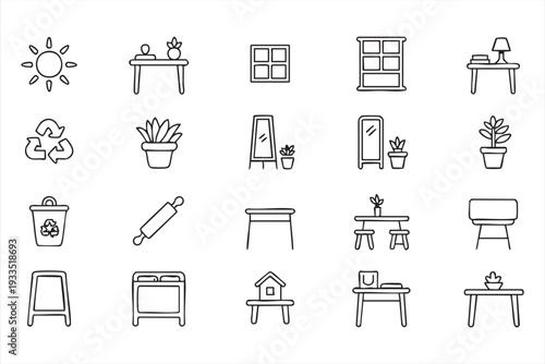 Living Room and Workspace Furniture Line Icons for Home Decor