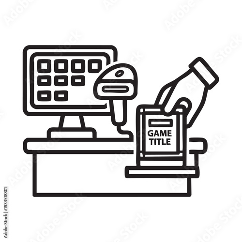 A hand pouring a drink from a bottle into a glass at a cash counter with a computer and scanner