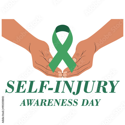 Self-Injury Awareness Day Green Ribbon in Cupped Hands Vector