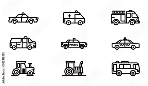 Minimalist outline transport icons collection including police ambulance fire engine truck