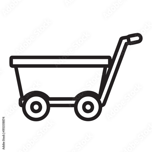 Simple line illustration of a trolley with wheels and handle on transparent background