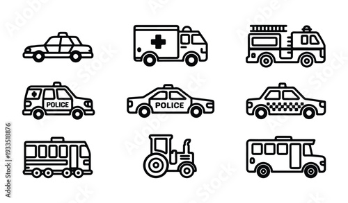 Emergency rescue transport vehicle icons set with police car ambulance fire truck and bus