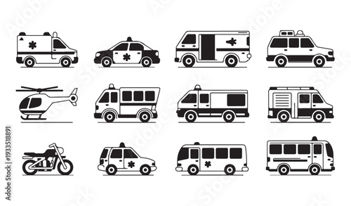 Emergency medical and police transport icons set with motorcycle helicopter and ambulance