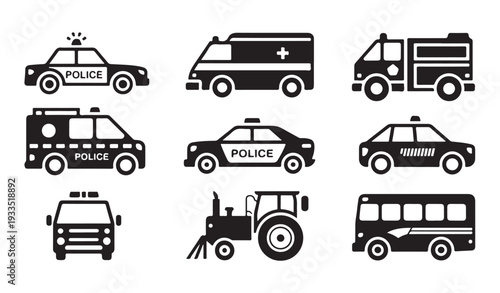Bold silhouette transport icons including police vehicle ambulance fire truck and bus set