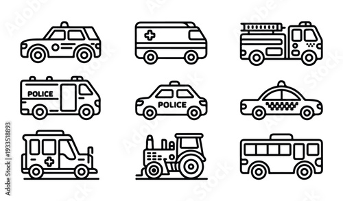 Set of black line transport icons featuring police car medical van fire truck and farm bus