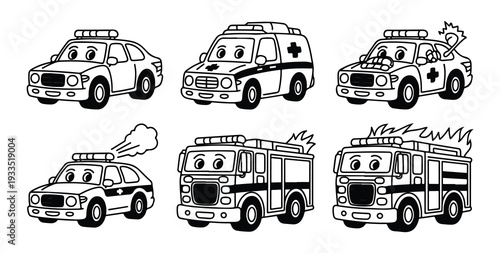 Funny cartoon police car ambulance and fire truck with smiling faces and sirens