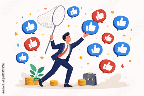 Businessman Catching Social Media Like Icons with a Butterfly Net, Concept of Online Engagement, Digital Marketing Strategy, Seeking Approval, Customer Feedback, and Internet Popularity Illustration.
