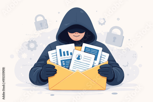 Cybercriminal in a Hood Stealing Personal Data and Confidential Documents from an Envelope, Concept of Data Breach, Identity Theft, and Cyber Security Vulnerability in the Digital Age
