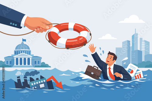 Business crisis concept with government hand throwing a lifebuoy to rescue a drowning businessman. Financial bailout, economic support, and survival during recession with sinking industry.
