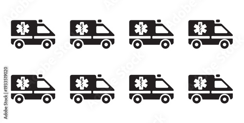 Emergency ambulance vehicle icons collection in black flat design for medical sign projects