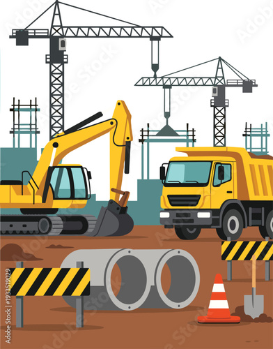 Road Construction Site with Excavator and Dump Truck Installing Underground Drainage Pipes and Tower Cranes in Background