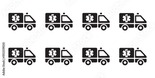 Medical ambulance icon set featuring emergency transport silhouettes for healthcare symbols