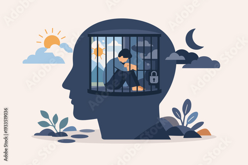 Psychological mind prison concept with a human head silhouette and a person trapped in a cage, representing mental health, depression, anxiety, isolation, and internal emotional confinement.