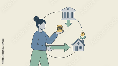 Woman paying mortgage loan to bank for house purchase concept illustration. Real estate investment, home ownership, financial planning, banking services, property credit payment, and savings.
