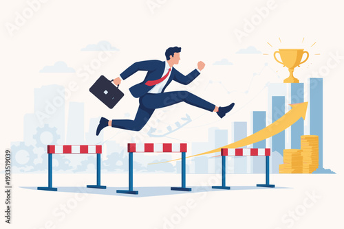 Businessman jumping over hurdles to reach a gold trophy, symbolizing overcoming obstacles, business success, career growth, financial achievement, and motivation in a competitive corporate world.