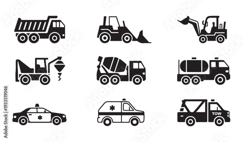 Construction and emergency vehicle silhouette set containing heavy machinery and rescue cars