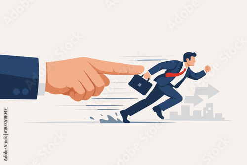 Giant Hand Pushing Businessman Forward to Success, Concept of Leadership Mentoring and Career Motivation, Corporate Guidance and Pressure to Achieve Goals, Professional Growth and Speed