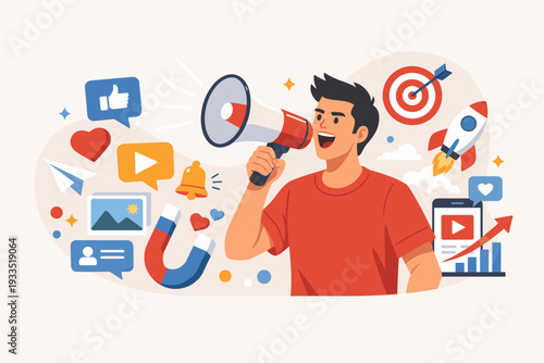 Vector Illustration of a Man Shouting into a Megaphone for Digital Marketing and Influencer Promotion; Featuring Social Media Icons like Hearts, Likes, Magnets, Rockets, and Target Symbols.