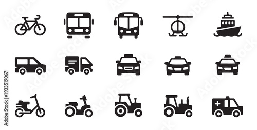 Diverse transport black silhouette vector icons collection including cars, trucks, buses, and bikes