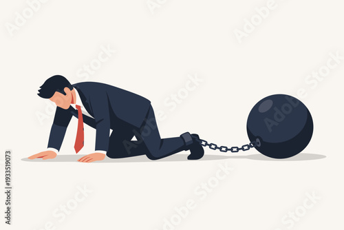 Businessman Crawling on the Ground with a Heavy Ball and Chain Attached to His Leg, Representing Business Obstacles, Financial Debt, Mental Stress, Depression, and Professional Burnout Concept