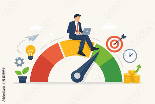Businessman Sitting on Efficiency Meter Working on Laptop. Work Smart Not Hard Concept for Productivity, Time Management, Business Success, Performance Optimization, and Goal Achievement.