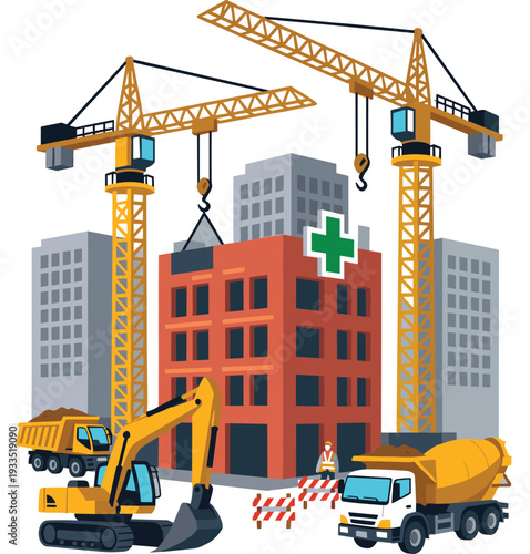 Hospital Construction Site with Tower Cranes Excavator Dump Truck and Concrete Mixer Building Urban Medical Center