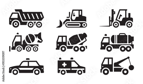 Transportation set of vector icons construction vehicles and rescue transport, industrial machines