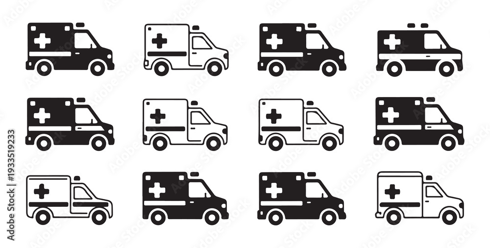 Fototapeta premium Black and white ambulance icon set, emergency medical vehicle collection