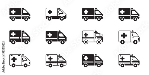 Ambulance truck icon collection, emergency health care transportation vehicle set
