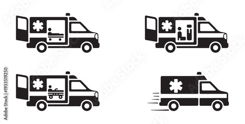 Ambulance medical emergency vehicle with stretcher and patient icons set
