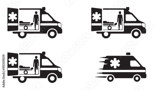 Ambulance medical emergency vehicle with paramedic and patient icons set