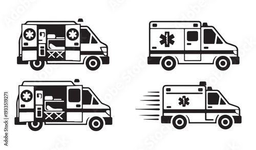 Ambulance medical emergency vehicle with detailed interior and icons set