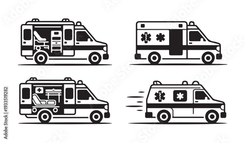 Ambulance medical emergency vehicle moving fast with icons set