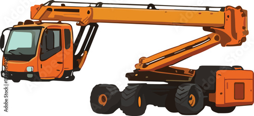 Orange Articulating Boom Lift Truck with Elevated Work Platform Heavy Construction Machinery Vector Illustration Isolated on White Background