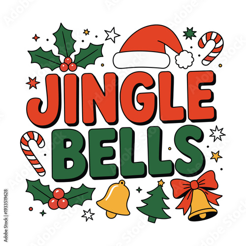 Jingle Bells text art with festive Christmas holiday icons
