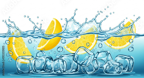 Lemon slices and ice cubes in refreshing water with splashes and bubbles on white background