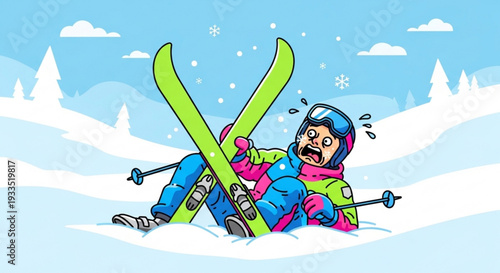 Skier falls in snow with green skis and poles wearing blue pink and green winter gear snowing