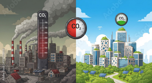 Cityscape contrasting pollution and sustainability with co2 levels industrial versus eco friendly urban environments
