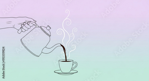 Hand pouring hot coffee from kettle into cup on saucer with steam rising morning beverage concept with pastel background