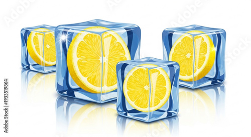 Four transparent ice cubes with yellow lemon slices inside on white background for refreshing drinks