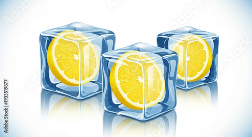 Three transparent ice cubes with lemon slices inside on a reflective surface and white background
