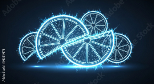 Glowing blue neon slices of citrus fruit on dark background with vibrant light