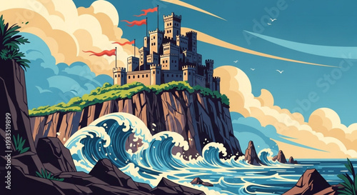 Medieval castle on cliffside overlooking ocean waves with flags flying high in sunny day