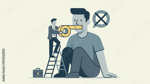 Businessman on a Ladder Sealing a Giant's Mouth with Tape, Representing Censorship, Silencing of Opinions, Freedom of Speech Suppression, Corporate Gag Order, and No Comment Concept Illustration