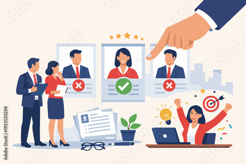 Recruitment and Selection Concept with HR Team Choosing Best Candidate from CV Profiles. Human Resources Management, Talent Acquisition, Job Interview, and Career Success Vector Illustration.