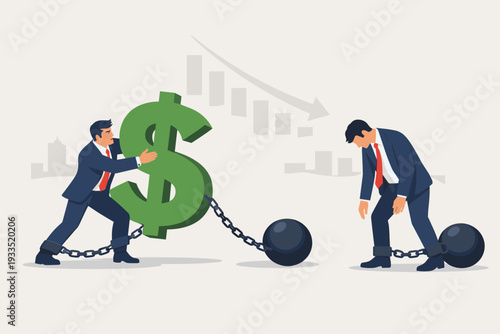 Businessmen Struggling with Financial Crisis and Debt Burden Represented by a Large Dollar Symbol and Heavy Ball and Chain with Downward Stock Market Graph Background Vector Illustration.