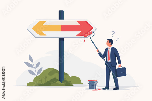 Businessman painting a red arrow over a yellow one on a signpost, symbolizing a strategic change in direction, career decision, choosing a better opportunity, and resolving inner conflict.